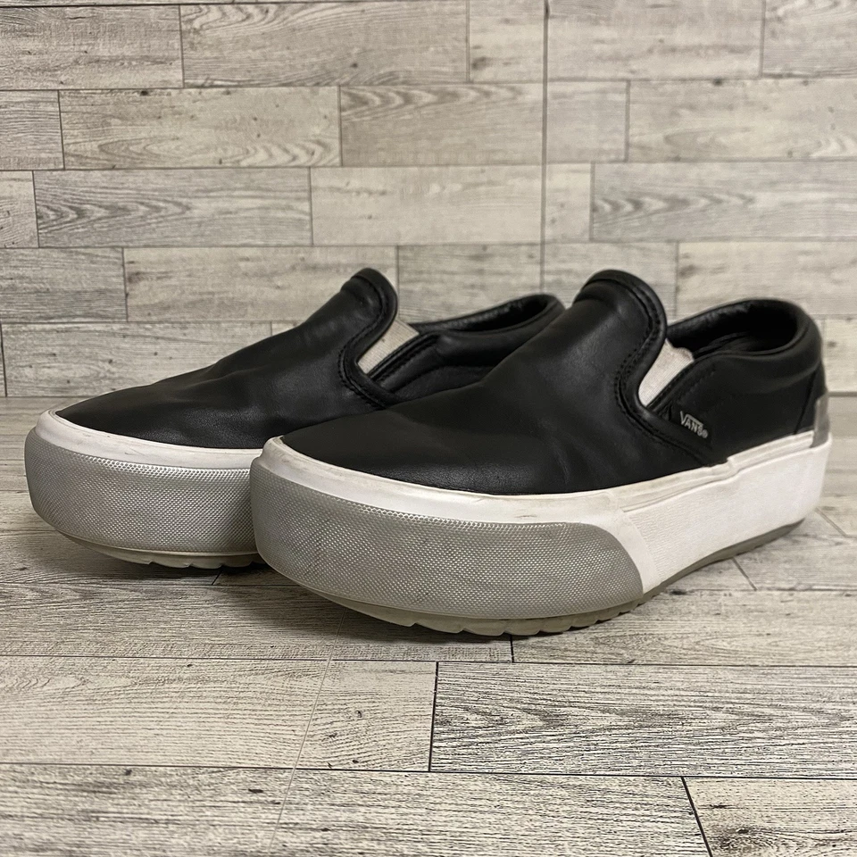 Mujer Vans Clásicas Sin Cordones Apiladas Negro Plata Cuero Plataforma Tenis Talla 7 Foto 3 de 4