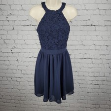Lulus Navy Navy Blue Floral Crochet Lace Halter Lined A-Line Short Dress XS