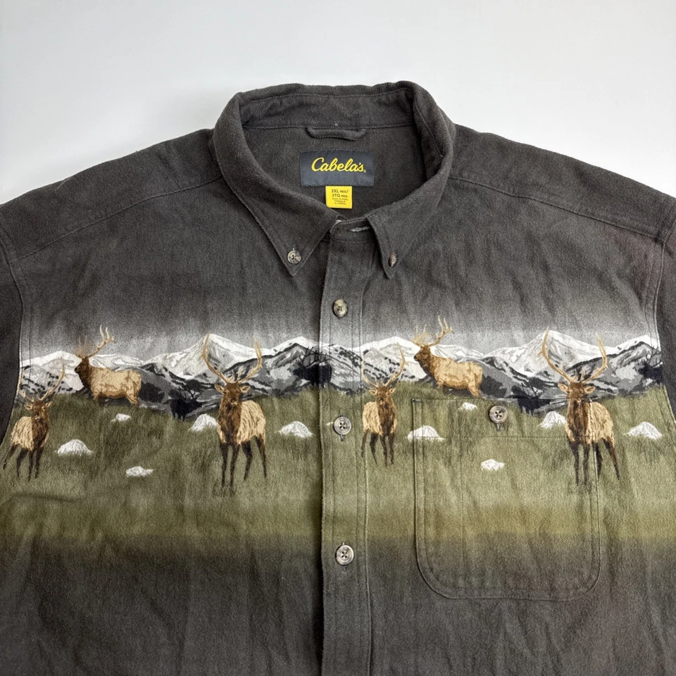 Cabela’s Soft Chamois Elk Mountain Print Button Down Shirt Men’s Size XXL Gray - Image 2 of 4