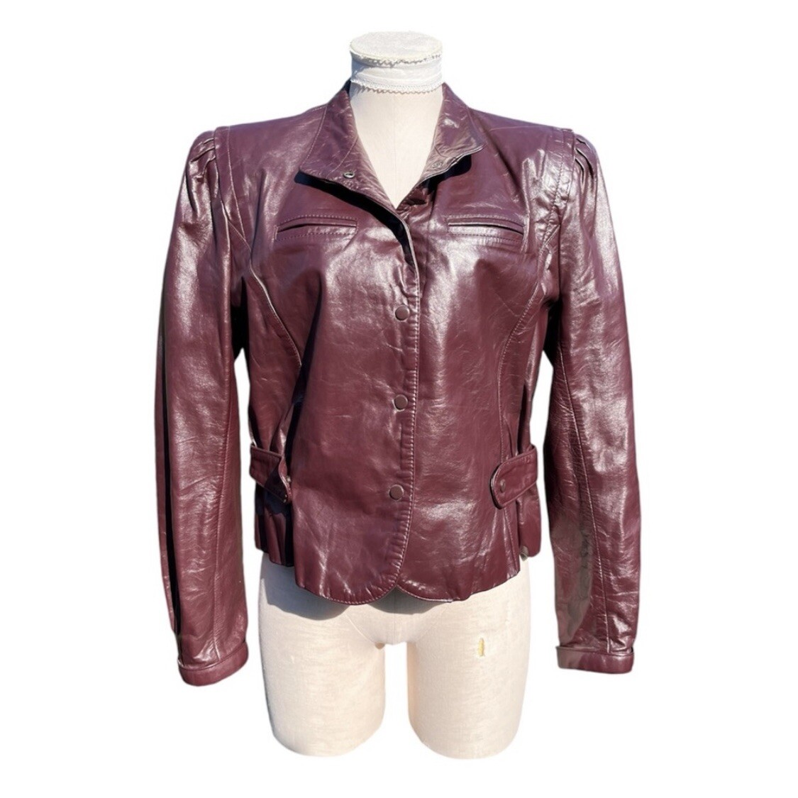 Vintage 70s Burgundy Leather Cropped Button Up Red Brown
