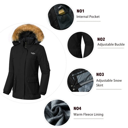 Wantdo Women's Ski Jacket Winter Fleeced Snow Coat Waterproof Fur Hooded Jackets - Picture 16 of 86