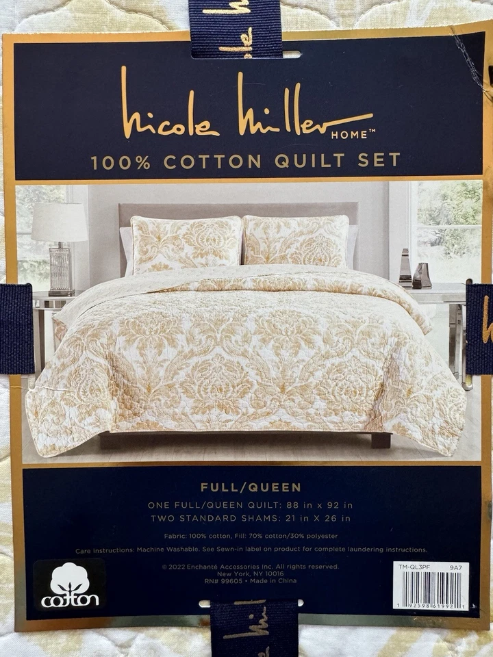 Juego de edredón Nicole Miller Home completo/queen nuevo en paquete amarillo damasco algodón cobertor 2 farsas Foto 2 de 4