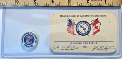 Train Engineer Pin 1967 BROTHERHOOD OF LOCOMOTIVE ENGINEERS Member Card & Pin USA & Canada ...