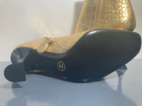 NIB CHANEL 19A Gold Calfskin Croc Embossed Cap Top Ankle Booties EUR 36.5 US 6 - Picture 9 of 10