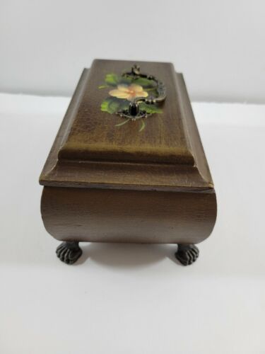 Decorative Wood Box Hand Painted Floral Motif Fabric Lined Handle Lid 8x5x4" - Picture 3 of 12