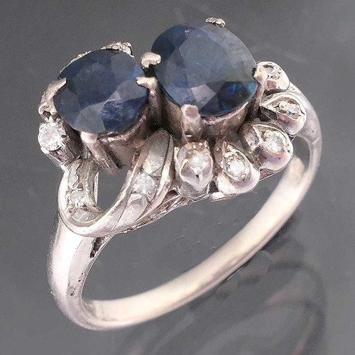 Fancy 1950's Solid 9k White GOLD 2 SAPPHIRE & 13 DIAMOND CLUSTER RING Sz L 1/2 - Picture 1 of 6