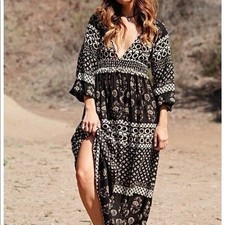 FP1 Raga Remington plunge maxi dress Anthropologie Small Boho Brown Tan Pattern