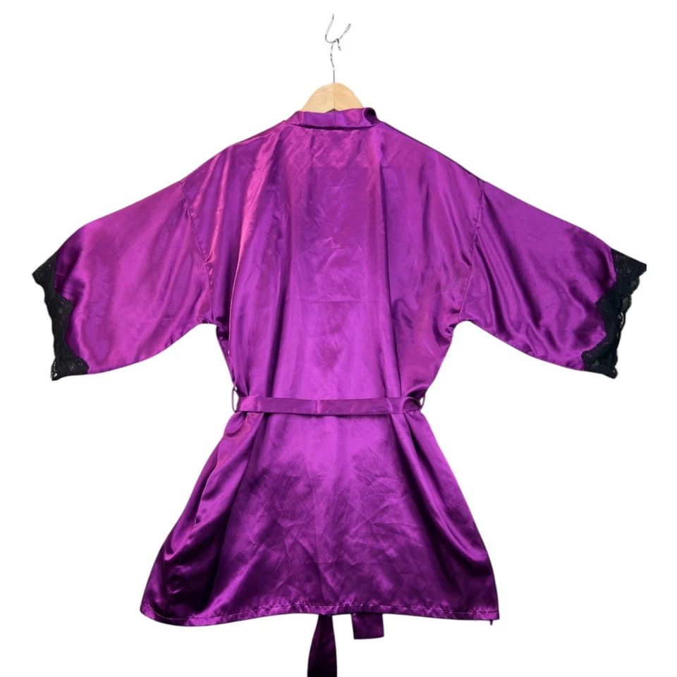 Bata de seda vintage Frederick’s of Hollywood para mujer ciruela satinada talla grande ribete de encaje Foto 3 de 4