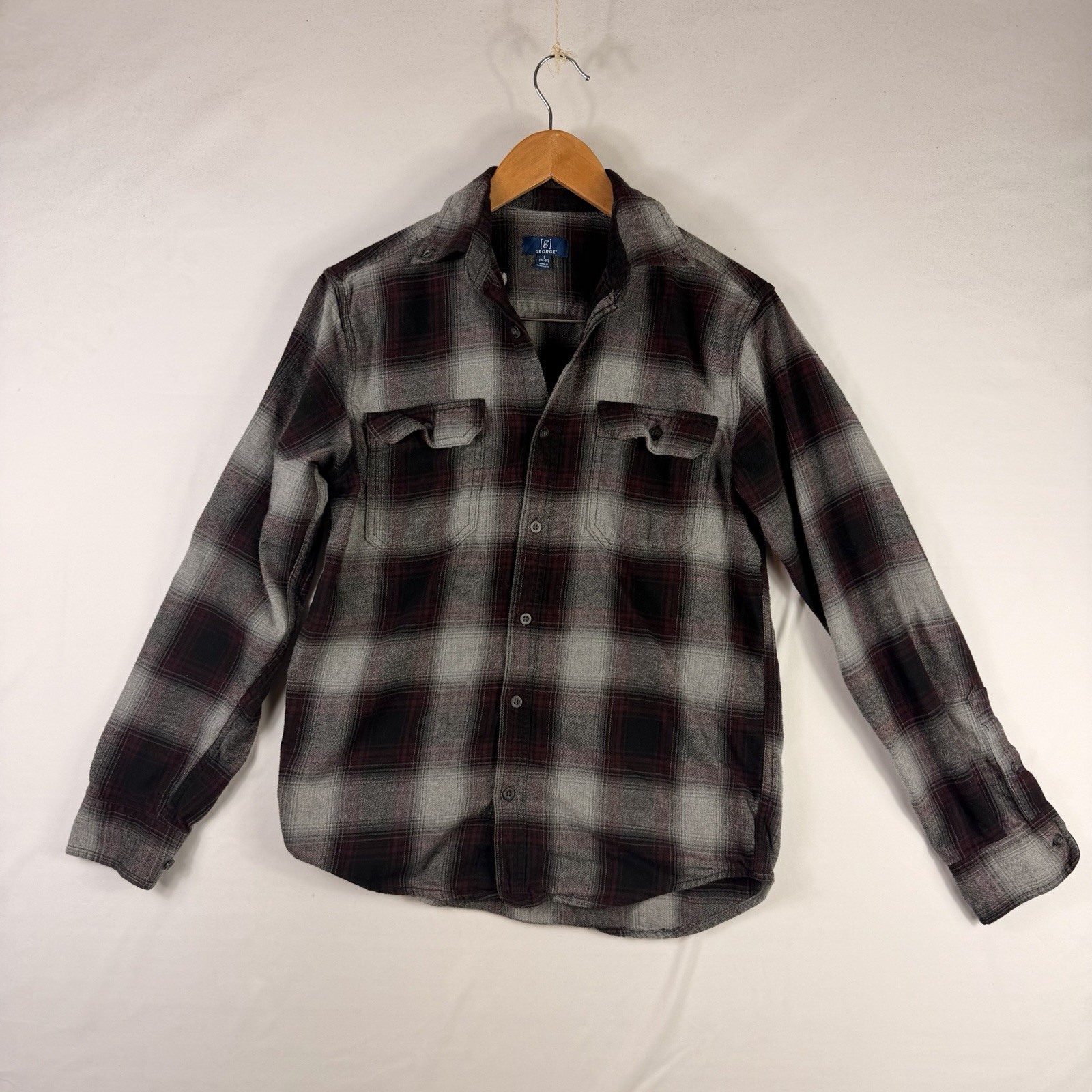 Men's George Flannel Shirt Size S Plaid 100% Cotton Button Down Long Sleeve Red