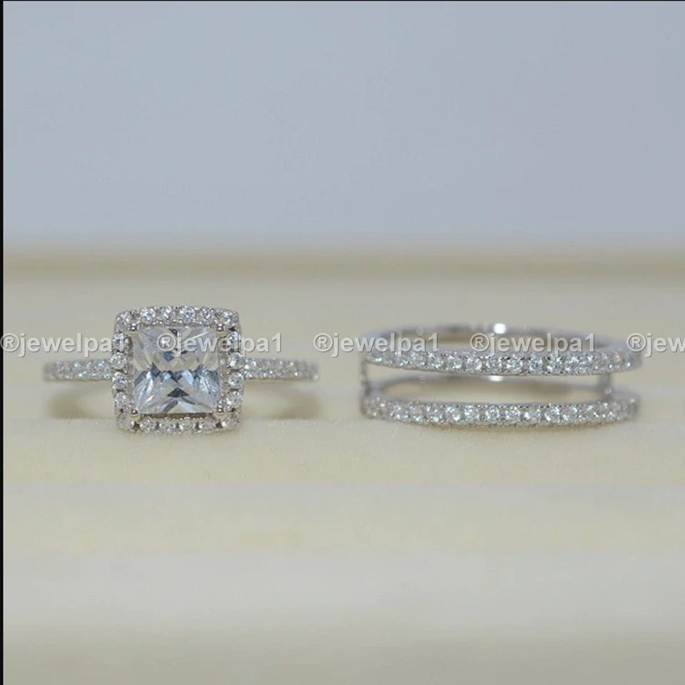 Moissanite Bridal Set Engagement Ring 2.75 CT Princess Cut Solid 14K White Gold - Image 4 of 4