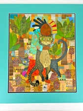 Cat Lady Hugging Colorful Whimsical Matted Mixed Media Collage Painting Signed