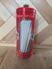 Vintage Coca-Cola Straw Dispenser Tin Red Metal Container with Wooden Knob 2003