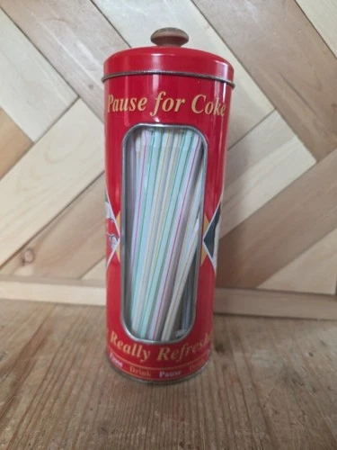 Vintage Coca-Cola Straw Dispenser Tin Red Metal Container with Wooden Knob 2003