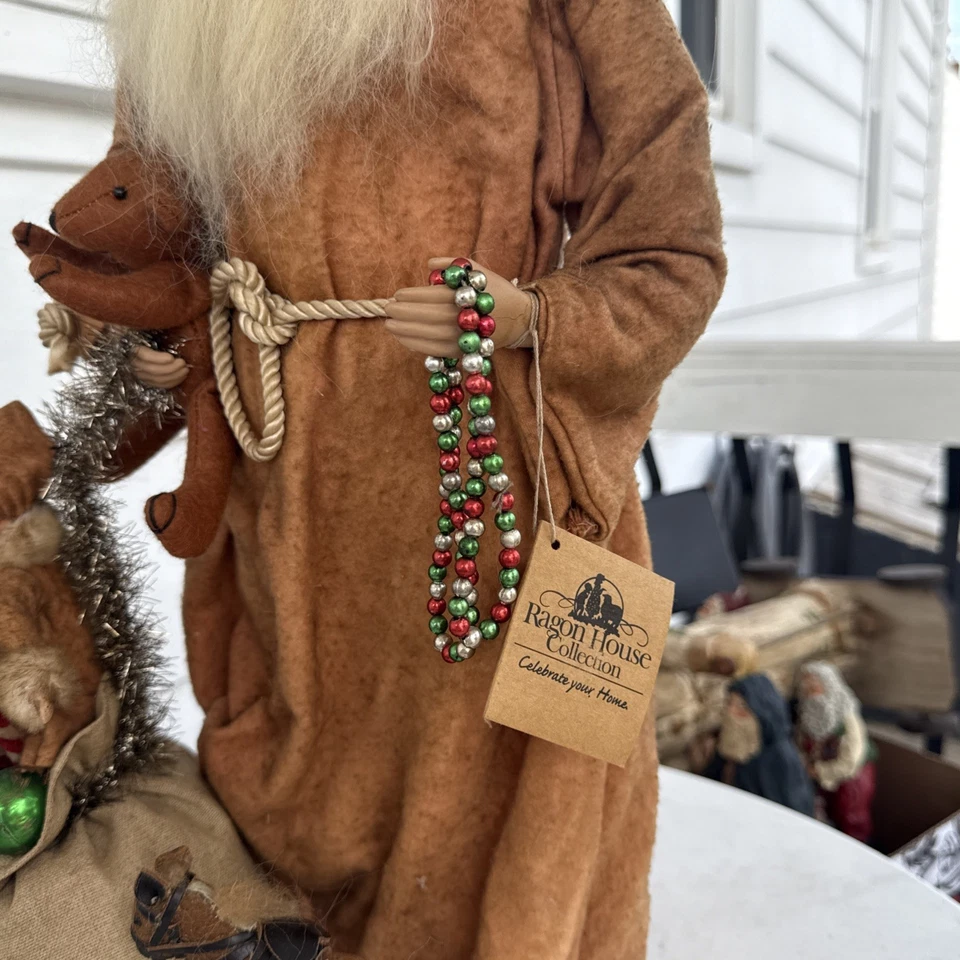Primitive Ragon House Santa Claus 20” Brown Coat Sculpted Face Gifts, Bear NWT - Image 4 of 4