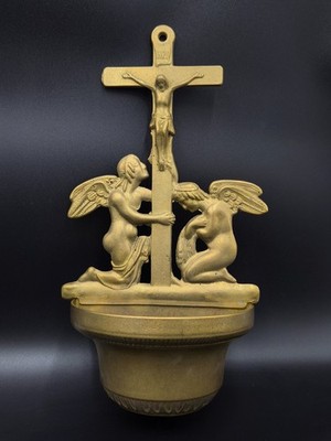 Vintage Brass Holy Water Font - Crucifixion with Kneeling Angels - 12.4''