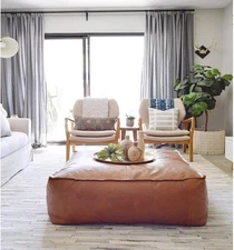 Amazing Large Square Leather Pouf - Handmade Natural Cow Leather, Moroccan Style