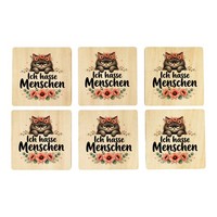 6Er Set Untersetzer Holz Ich Hasse Menschen - Katzenspruch Mit Spruch: Ich