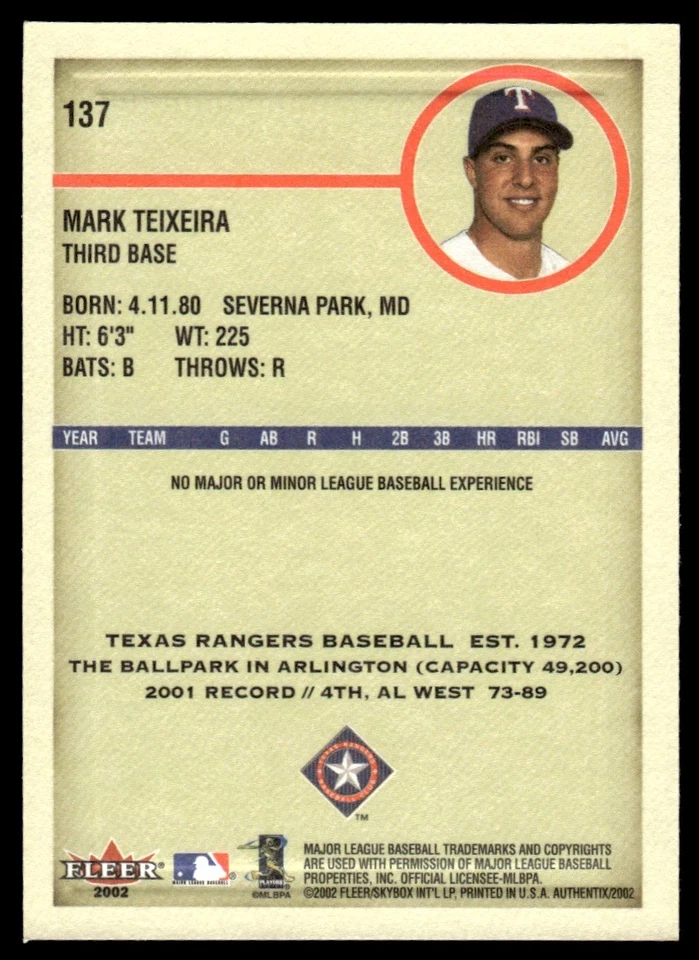 2002 Fleer Authentix Mark Teixeira Texas Rangers #137 - Image 2 of 2
