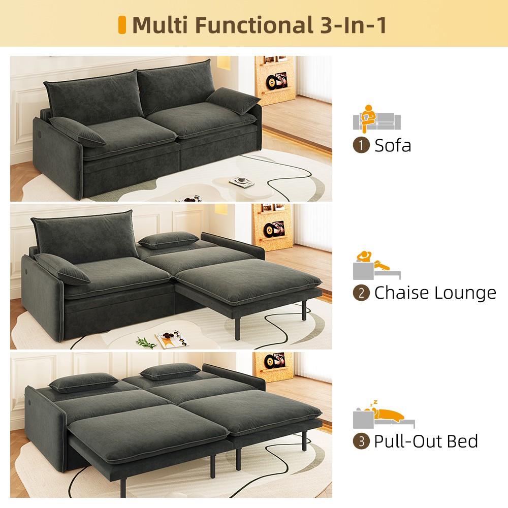 4-Seat Convertible Sleeper Sofa Bed w/ Storage & USB, Dark Grey
