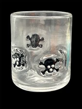 Clear Art Glass Juice Glass Fused Standing Black Skull ~4" x 3.5"