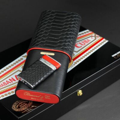 brizard cigarette case BRIZARD & CO LE #88 - 3 CIGAR CASE HOLDER BLACK PYTHON PATTERN RED LEATHER  $220