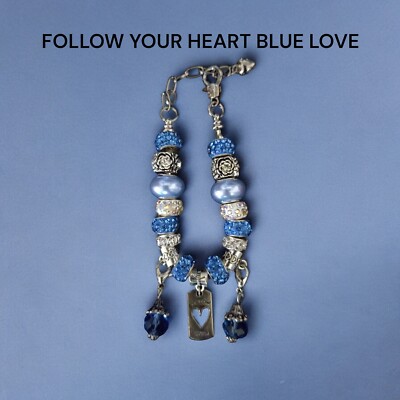 FOLLOW YOUR HEART BLUE CHARM LOVE BRACELET - HAND CRAFTED ONE OF A KIND - BY BQ
