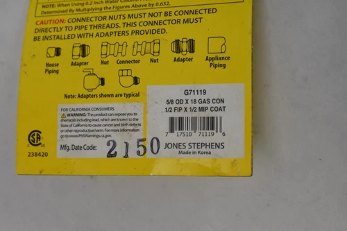 Jones Stephens G71119 18" Stainless Steel Gas Connector Yellow Hose 5/8 x 18 - Picture 2 of 5