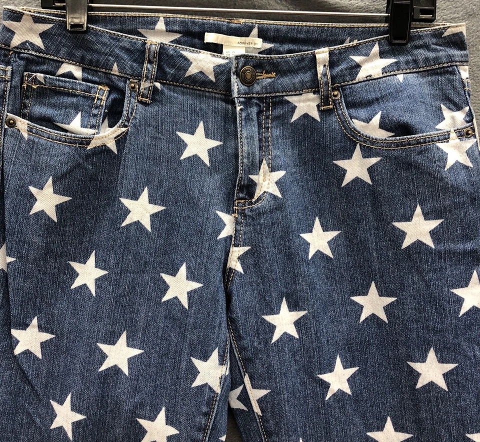 Forever21 Womens Denim Jeans Size 29 Blue White Stars Patriotic Holiday - Image 2 of 4