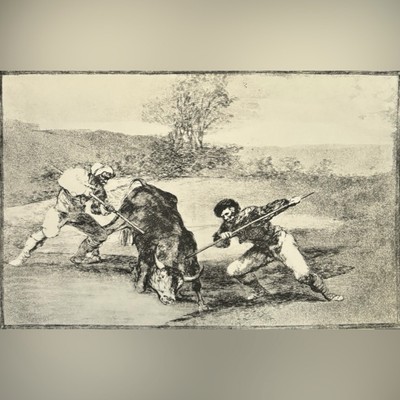 SPANIARDS HUNTED BULLS ON FOOT Original Antique Vintage Fine Art GOYA Print
