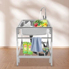 Utility Sink Free Standing Single Bowl Kitchen Bathroom Sink With Faucet + Stand