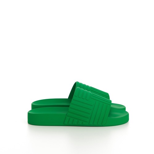BOTTEGA VENETA 520$ Slide Sandals - Parakeet Green, Geometric Rubber - 第 2/11 張圖片