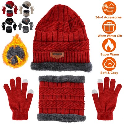 Winter Knitted Warm Hat Scarf Touch Screen Gloves 3Pcs Red