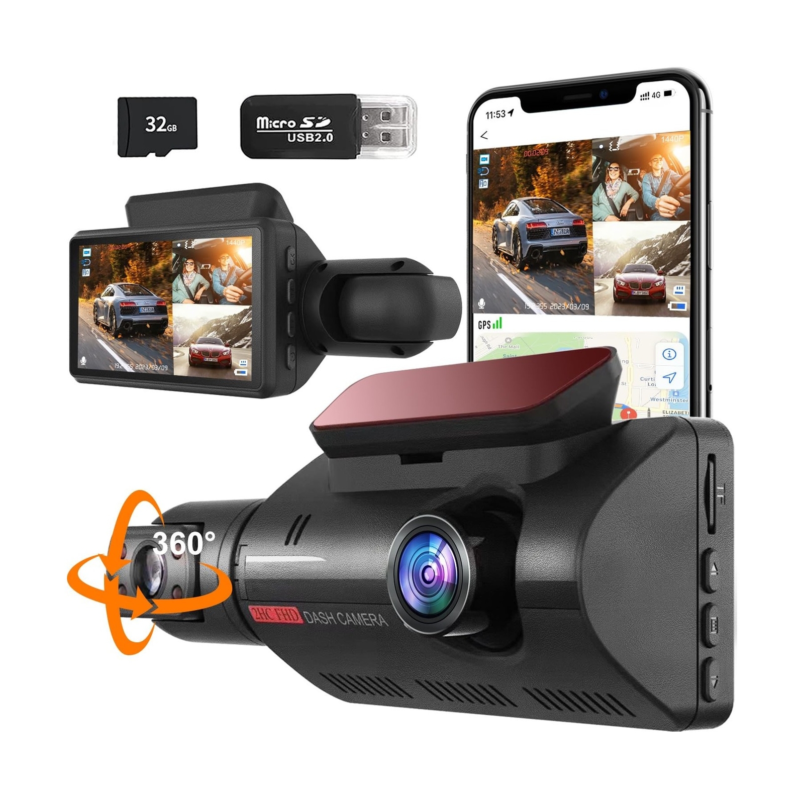2-Channel 360° WiFi Dash Cam for Cars with 1440P Front and Rear Recording, Night Vision, and Motion Detection-image