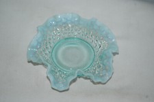 Fenton Hobnail White With A Hint Of Blue Opalescent Glass Candy Dish Ruffle Edge