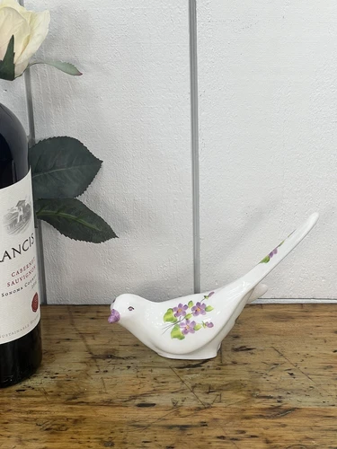 Vintage Fenton Art Glass White Hand Painted Long Tail Bird Signed Paula Palmer