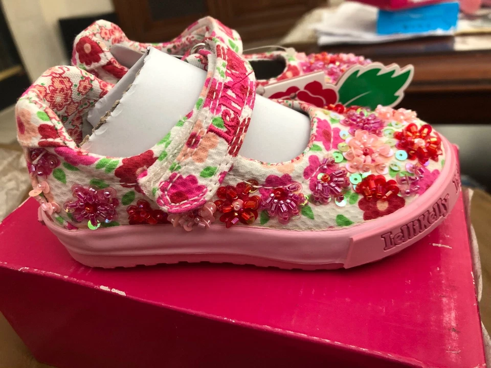 Lelli Kelly PRIMULA Red Pink Mary Janes Dolly Shoes LK Beaded Flowers New Floral - Image 4 of 4