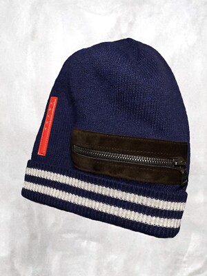 美品 00s PRADA SPORTS WOOL LOGO BEANIE VINTAGE Prada Sport Beanie Navy Wool Knit Suede Zipper Designer