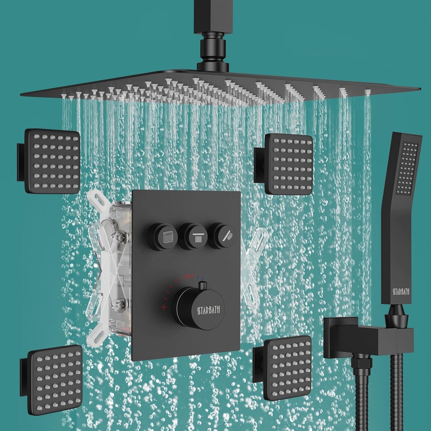 Modern Ceiling Mount Shower System with 4 Body Jets & Rain Shower Head - Brass