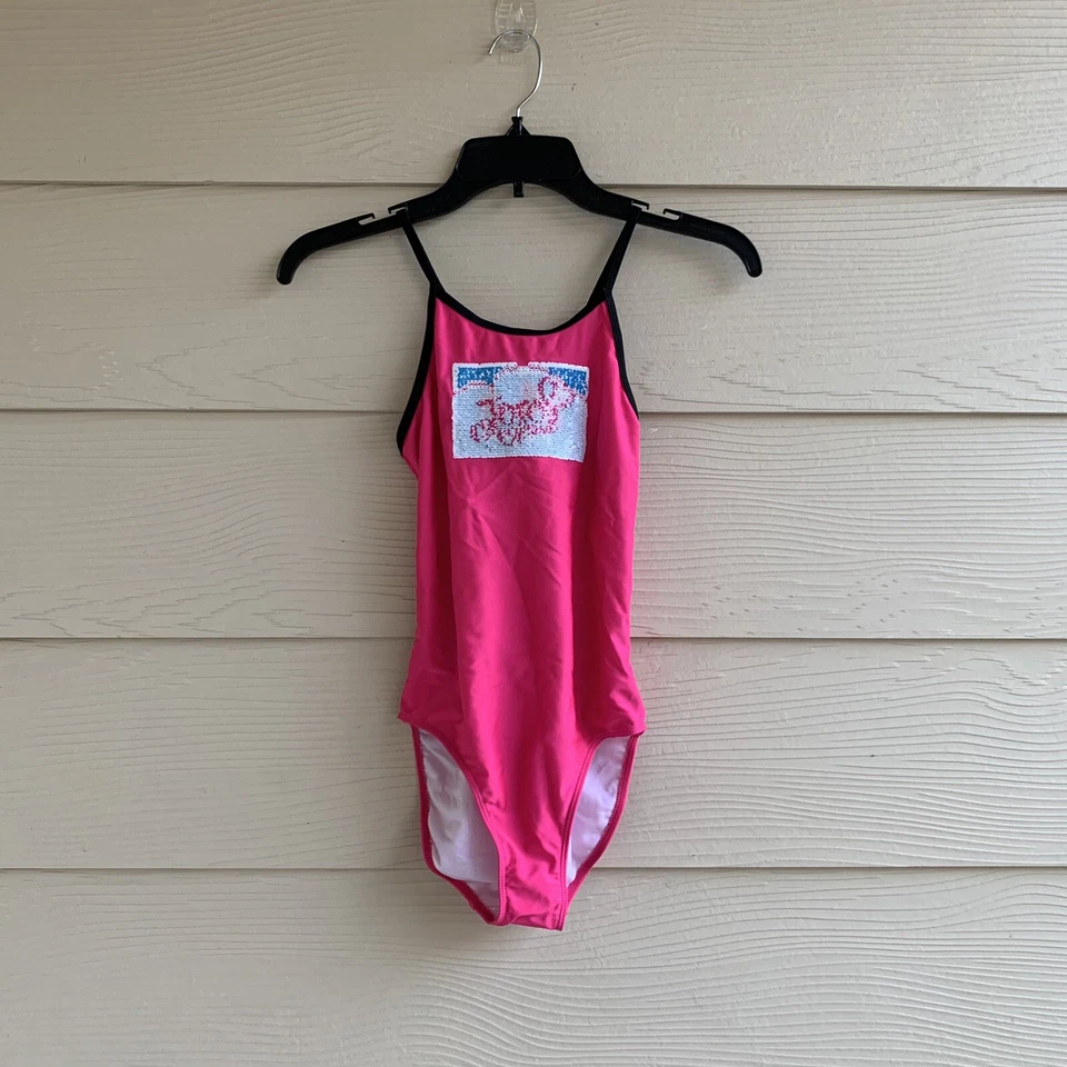 NUEVO Traje de baño Jojo Siwa de una pieza con lentejuelas abatibles L rosa UPF 50+ entrecruzado Foto 3 de 4
