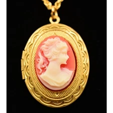 Vintage Cameo Locket Pendant Necklace Red White Gold Lightweight NOS 1980s Bin1