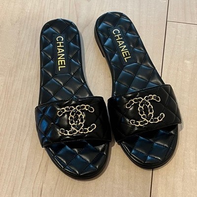 Chanel Black Chain Gold CC Logo Quilted Mules Slide Sandal Slipper Flat 36 1/2