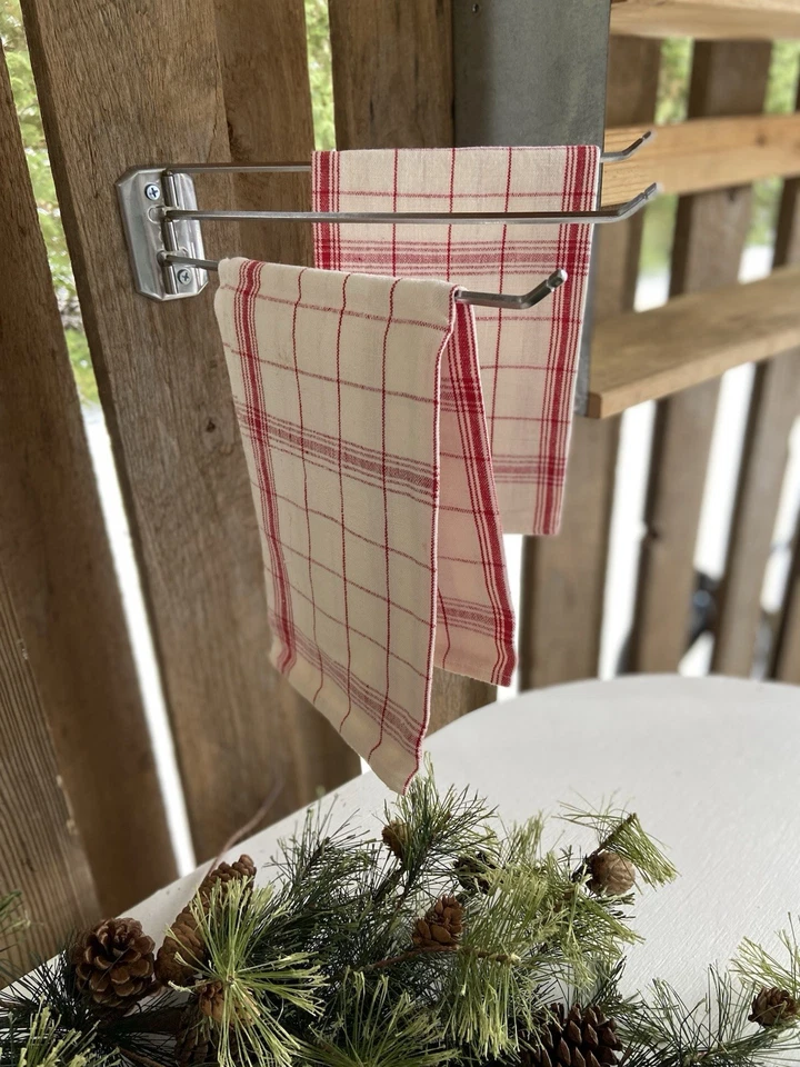 Autoyre 50er Jahre 3 Armig Vintage Metall Handtuchhalter Wandhalterung PLUS zwei Etikett Handtücher ROT - Bild 3 von 4