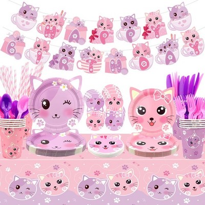 Cat Birthday Party Supplies Set, Kitten Tableware Includes Happy Birthday Ban...