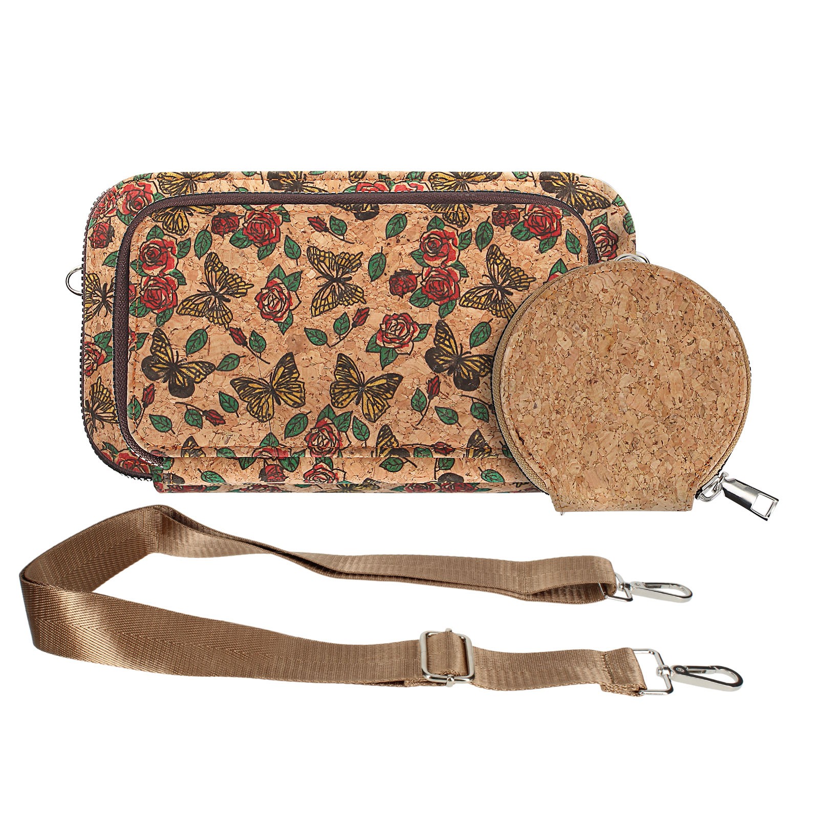 Pochette en liège bandoulière triple poche sac papillon multicolore
