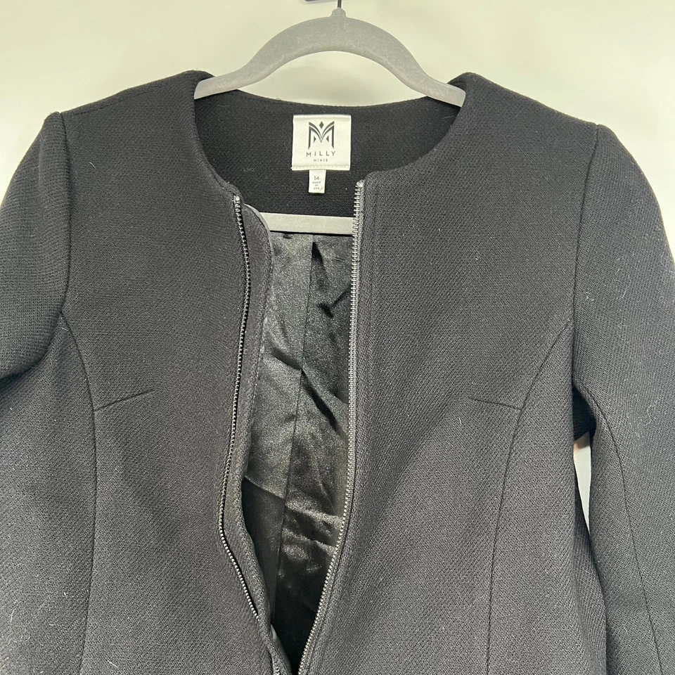 Milly Minis Ostrich Feather Virgin Wool Blend Coat Girls Sz 14 Black Multi Tweed - Image 3 of 4