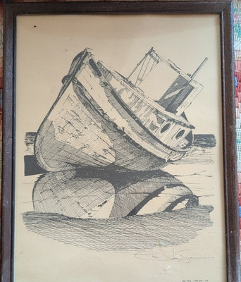 Tom Jensen 1974 Framed Signed Ink Drawing Boat Original Realism Nautical Art