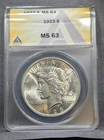1923-P Peace Dollar ANACS MS/63 Flashy White Luster!