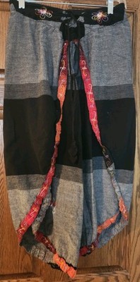 Made in Nepal Print Harem Pant Black, Grey & Orange/Red 100% Cotton Sz L