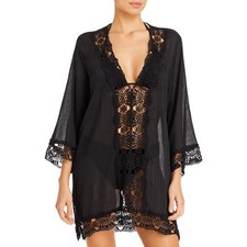 La Blanca Island Fare Crocheted Lace Trim Tunic Swim Cover-Up In Black
