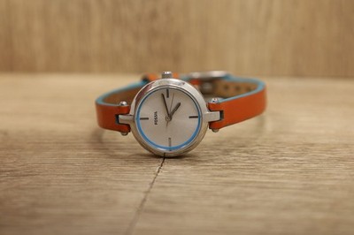 Womens Fossil BQ3618 Orange Blue Leather Strap Watch New Battery